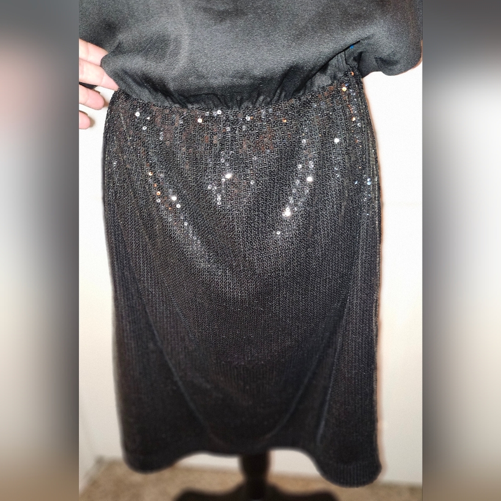 Black Sequin Mini Cocktail Dress with Dolman Sleeves - Picture 4 of 11